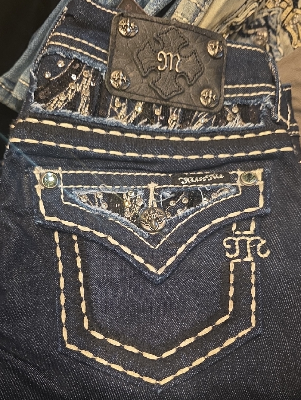 Miss Me Dark Blue Denim Jeans with White Contrast Stitching